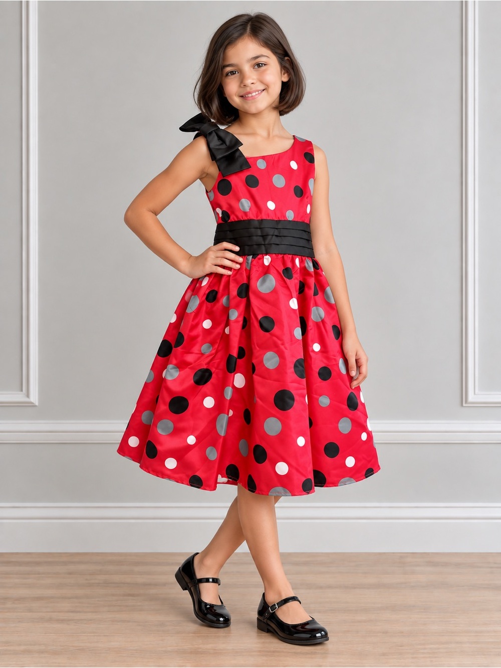 Red Polka Dot One-Shoulder Sash Girls' Party Dress